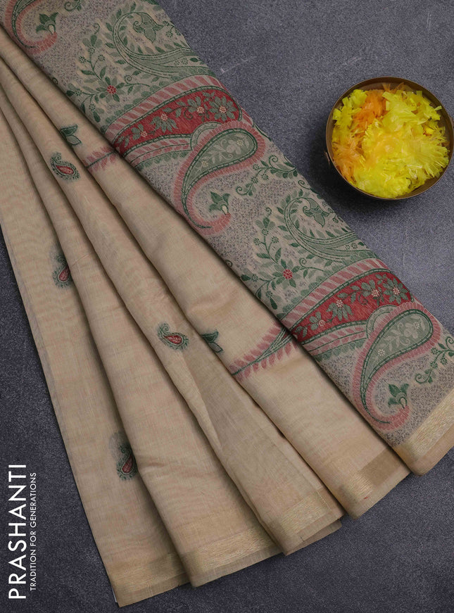 Jamdhani cotton saree beige and green with thread woven buttas and jamdhani pallu