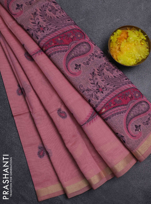Jamdhani cotton saree peach pink with thread woven buttas and jamdhani pallu