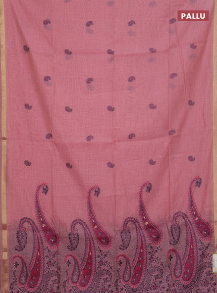 Jamdhani cotton saree peach pink with thread woven buttas and jamdhani pallu