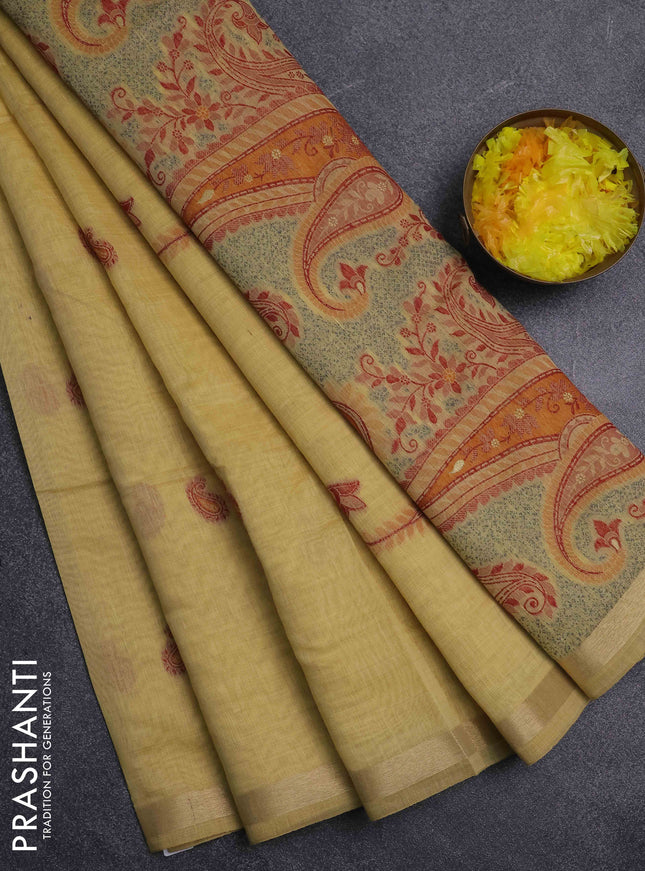 Jamdhani cotton saree pale yellow with thread woven buttas and jamdhani pallu