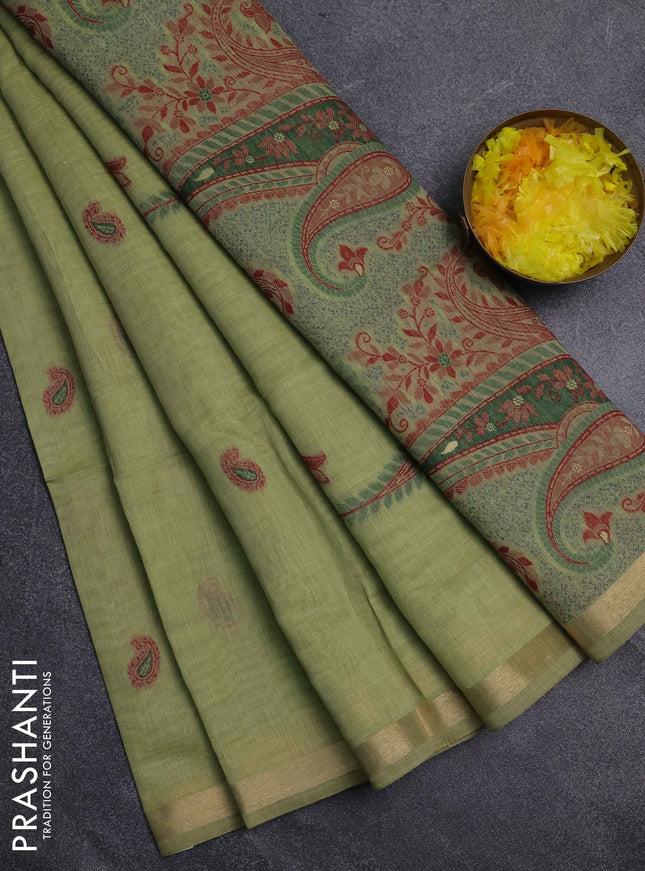 Jamdhani cotton saree pista green with thread woven buttas and jamdhani pallu