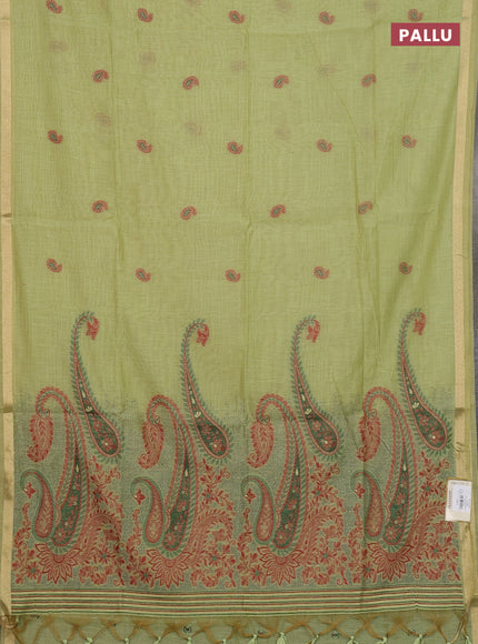 Jamdhani cotton saree pista green with thread woven buttas and jamdhani pallu