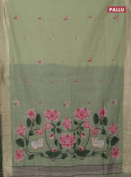Jamdhani cotton saree pista green and green with thread & zari woven buttas and pichwai pallu