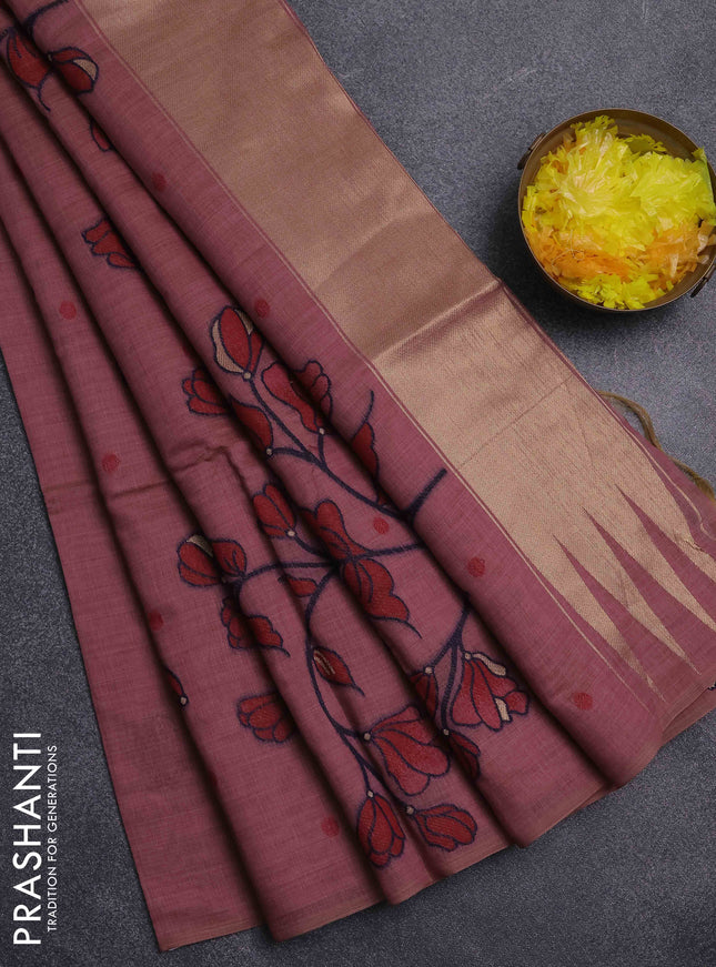 Jamdhani cotton saree mauve pink and maroon with thread & zari woven buttas and jamdhani pallu