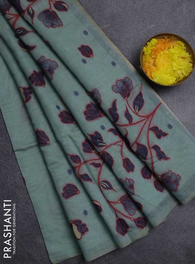 Jamdhani cotton saree teal green shade and navy blue with thread & zari woven buttas and jamdhani pallu