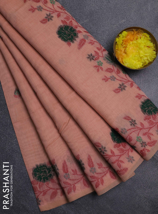 Jamdhani cotton saree pale orange with thread woven buttas and jamdhani pallu