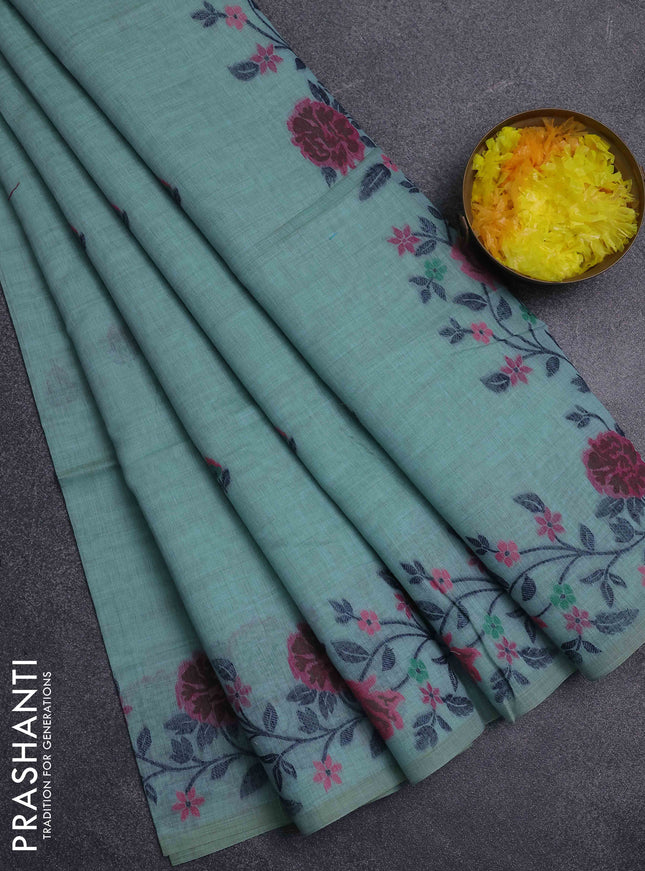 Jamdhani cotton saree teal green shade with thread woven buttas and jamdhani pallu