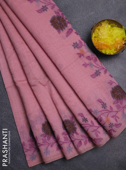Jamdhani cotton saree peach pink with thread woven buttas and jamdhani pallu