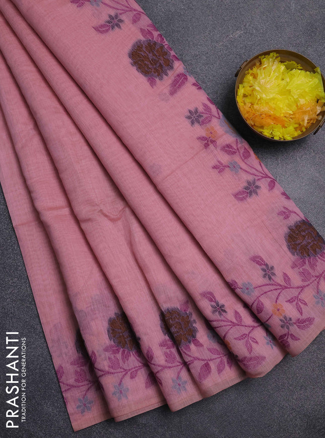 Jamdhani cotton saree peach pink with thread woven buttas and jamdhani pallu