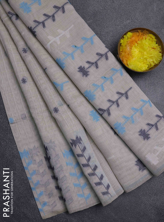 Jamdhani cotton saree beige and teal blue with thread woven buttas and jamdhani pallu