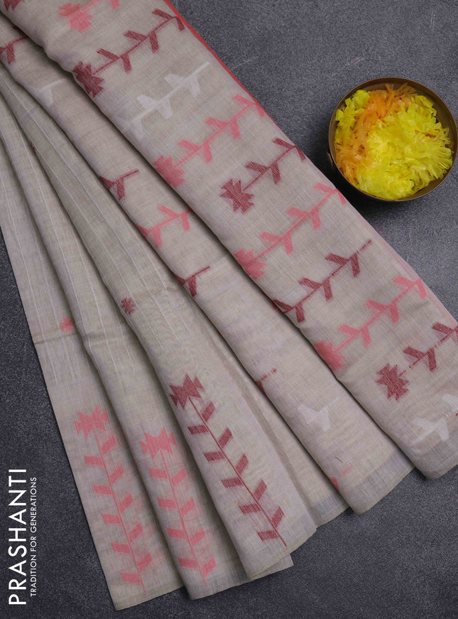 Jamdhani cotton saree beige and orange with thread woven buttas and jamdhani pallu