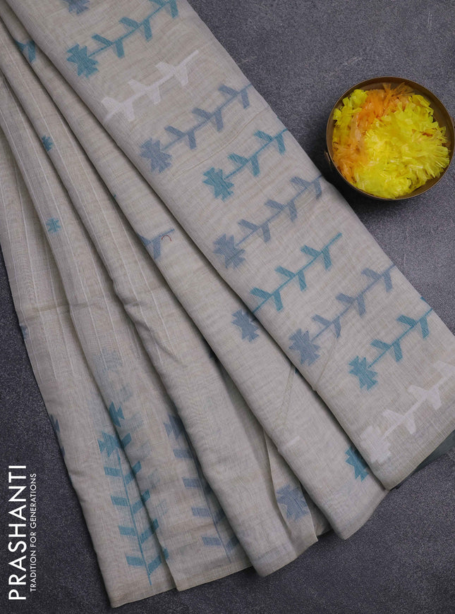 Jamdhani cotton saree beige and teal green with thread woven buttas and jamdhani pallu