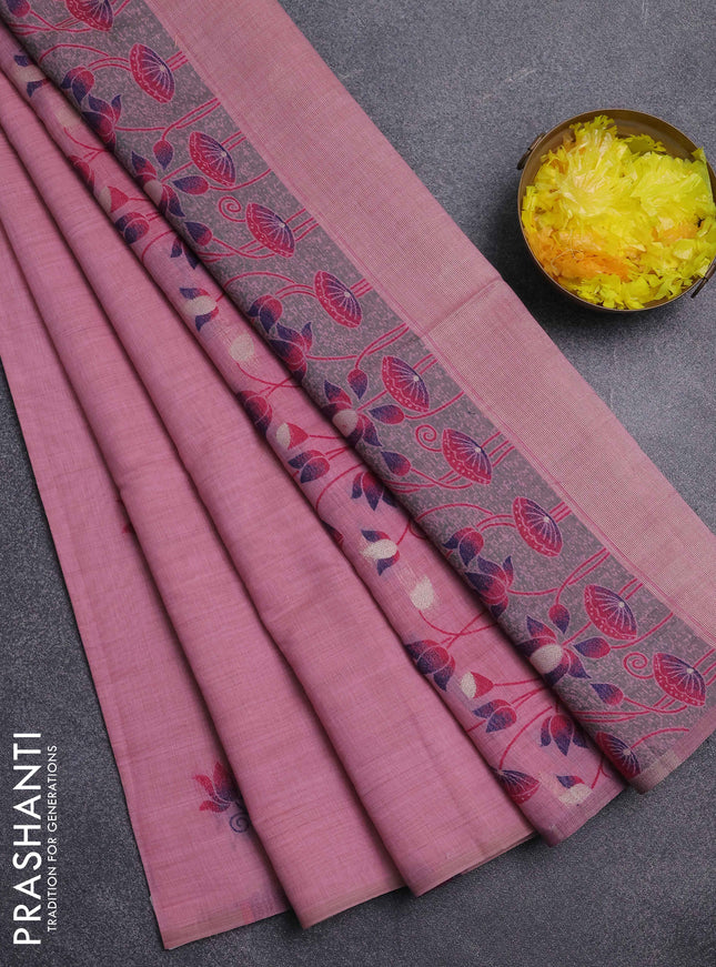 Jamdhani cotton saree peach pink and pink with floral thread woven buttas and jamdhani pallu
