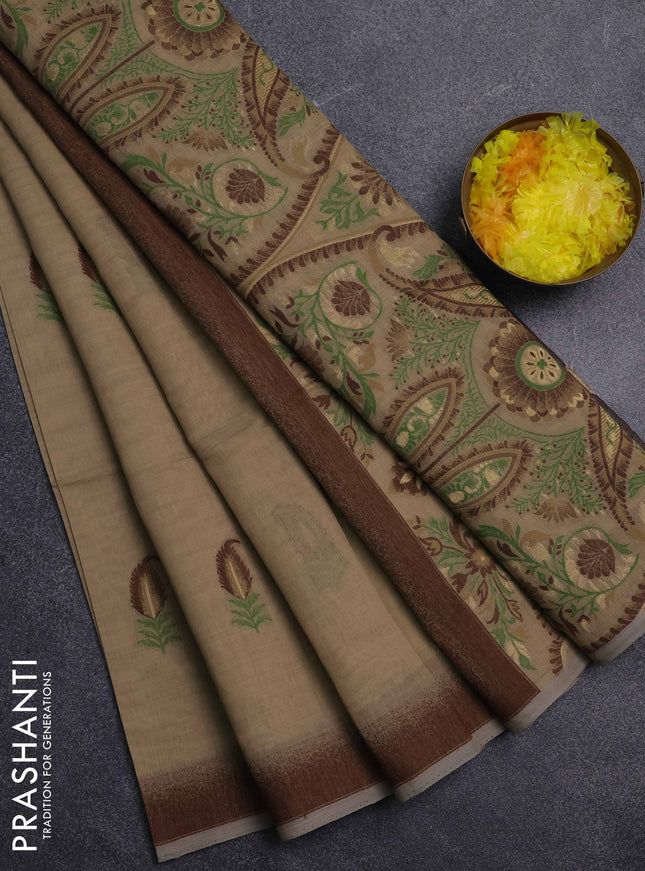 Jamdhani cotton saree sandal and grey with thread woven buttas and jamdhani pallu