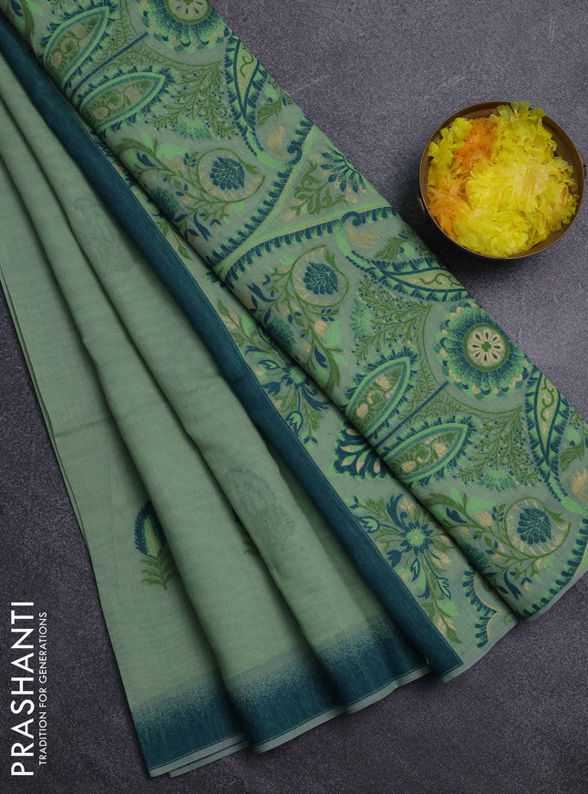 Jamdhani cotton saree pastel green and green with thread woven buttas and jamdhani pallu