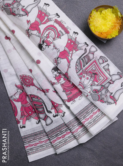 Chirala cotton saree off white and pink with allover zari stripe & butta prints and printed border