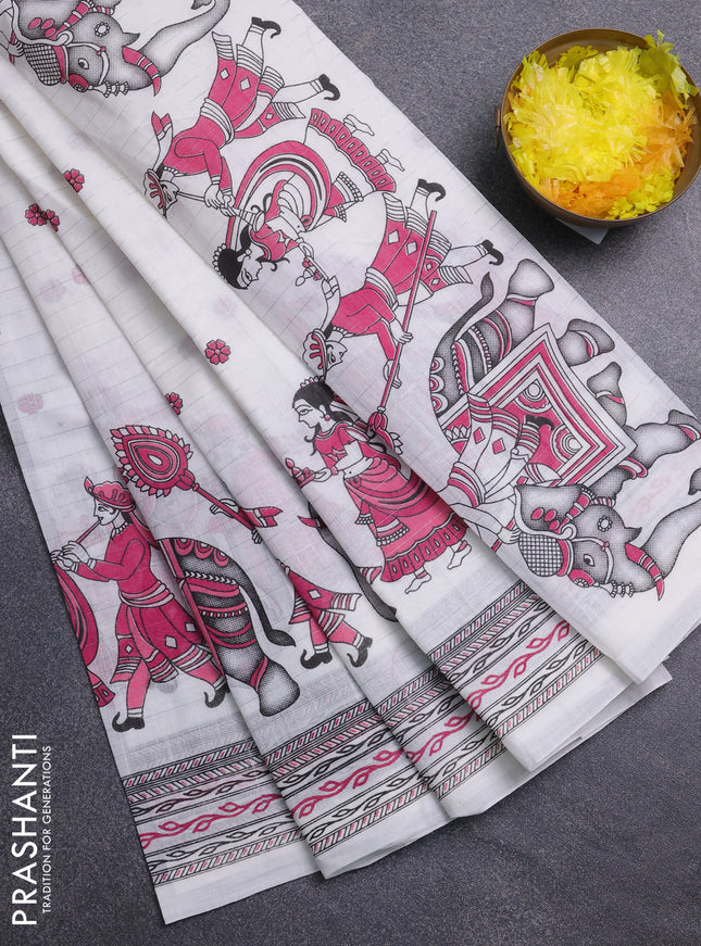 Chirala cotton saree off white and pink with allover zari stripe & butta prints and printed border