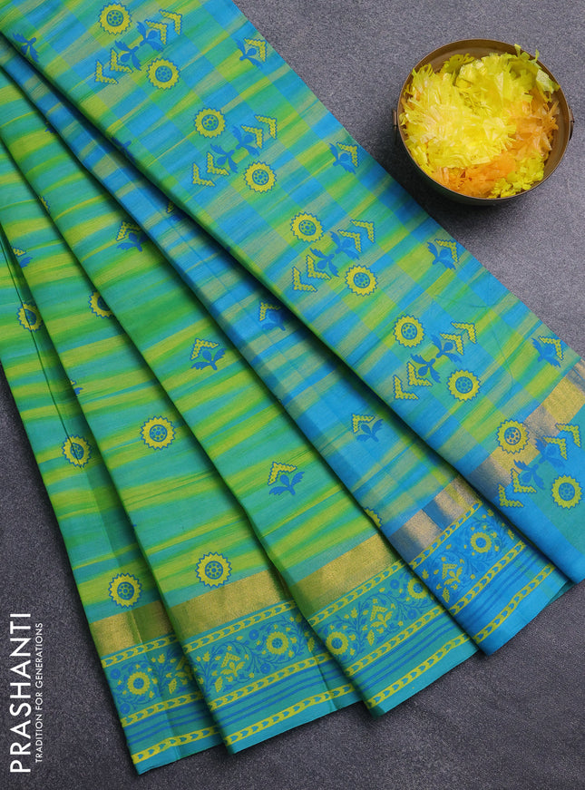 Chirala cotton saree lime yellow and light blue with allover ikat weaves & butta prints and zari woven printed border