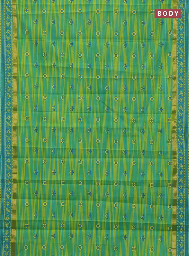 Chirala cotton saree lime yellow and light blue with allover ikat weaves & butta prints and zari woven printed border