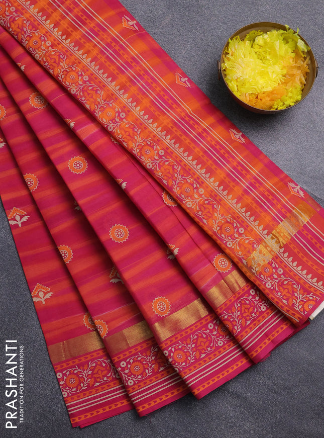Chirala cotton saree orange and pink with allover ikat weaves & butta prints and zari woven printed border