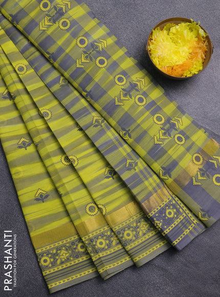 Chirala cotton saree yellow and grey shade with allover ikat weaves & butta prints and zari woven printed border