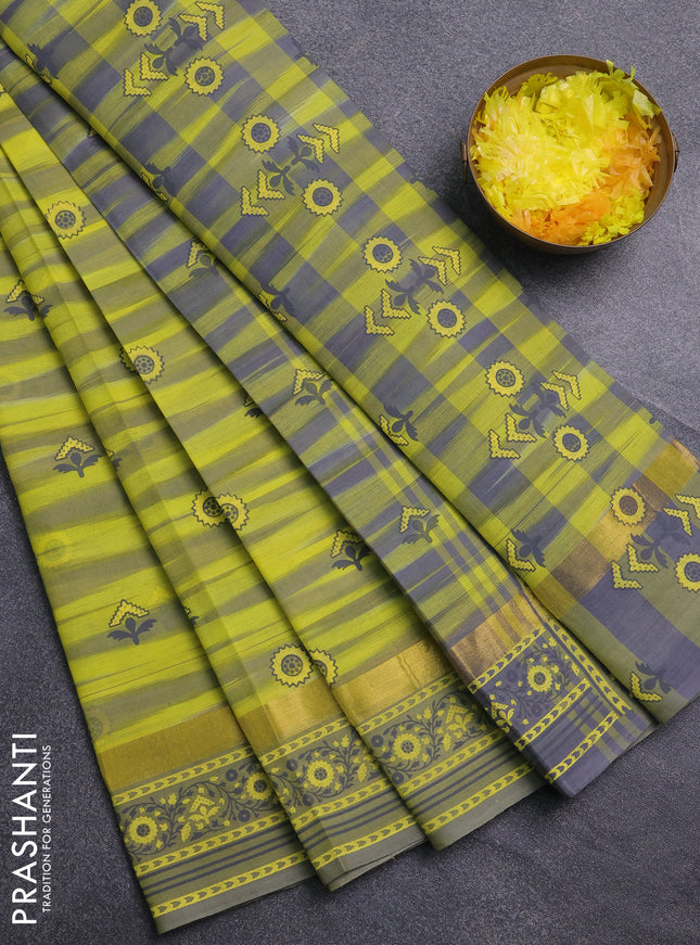 Chirala cotton saree yellow and grey shade with allover ikat weaves & butta prints and zari woven printed border