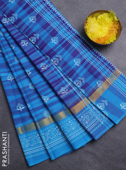 Chirala cotton saree blue and light blue with allover ikat weaves & butta prints and zari woven printed border