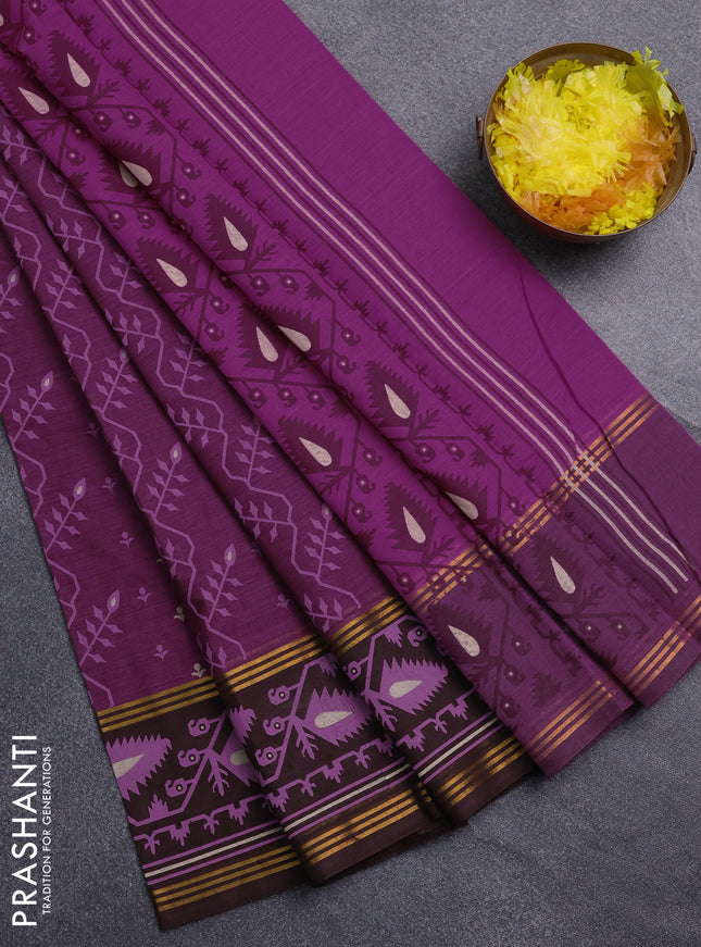 Chirala cotton saree purple and coffee brown with allover prints and printed border