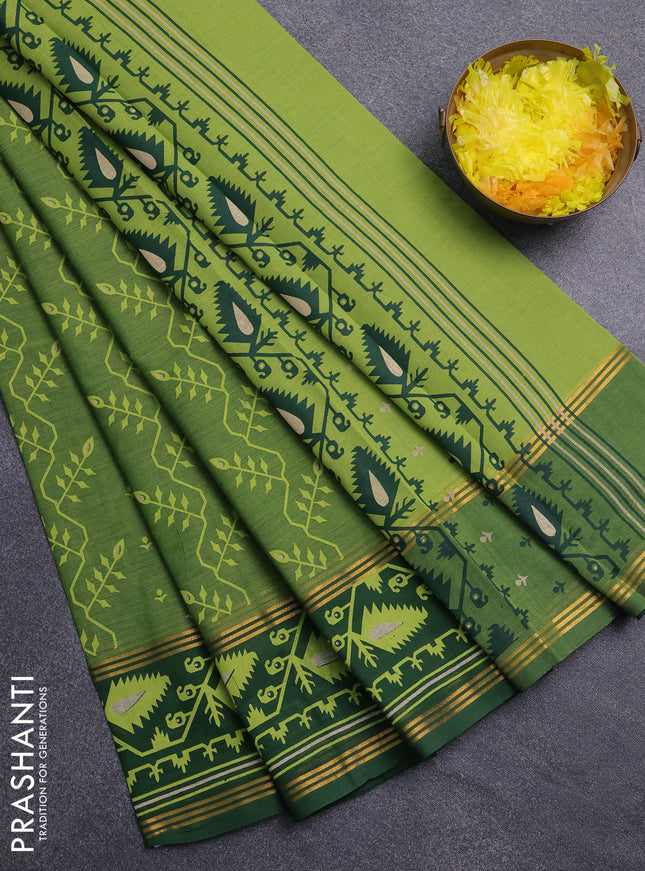 Chirala cotton saree light green and green with allover prints and printed border