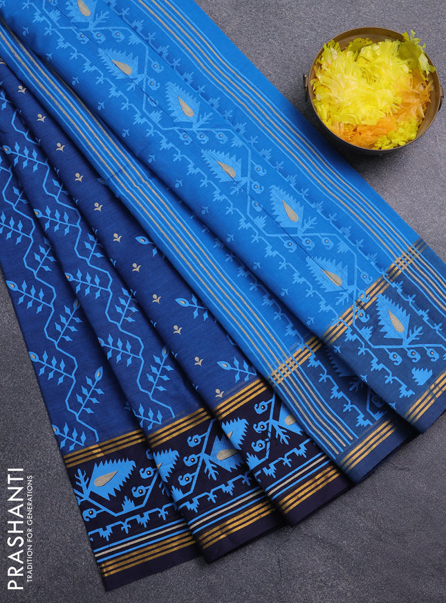 Chirala cotton saree peacock blue and navy blue with allover prints and printed border