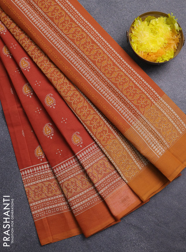 Chirala cotton saree rustic orange and dark mustard with allover butta prints and printed border