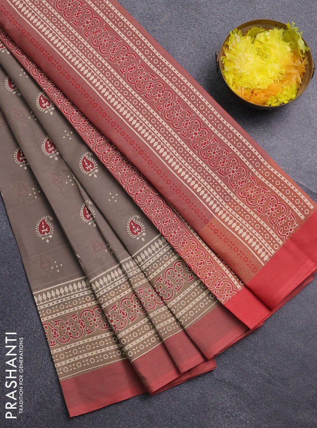 Chirala cotton saree grey and dark peach with allover butta prints and printed border