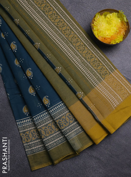 Chirala cotton saree peacock green and mustard yellow with allover butta prints and printed border
