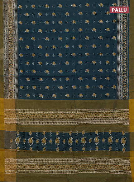 Chirala cotton saree peacock green and mustard yellow with allover butta prints and printed border