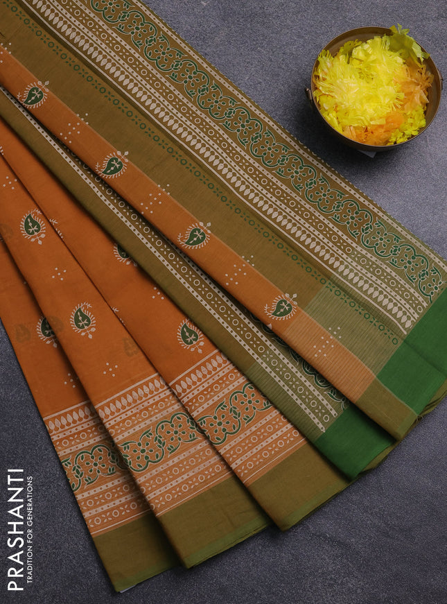 Chirala cotton saree mustard yellow and green with allover butta prints and printed border