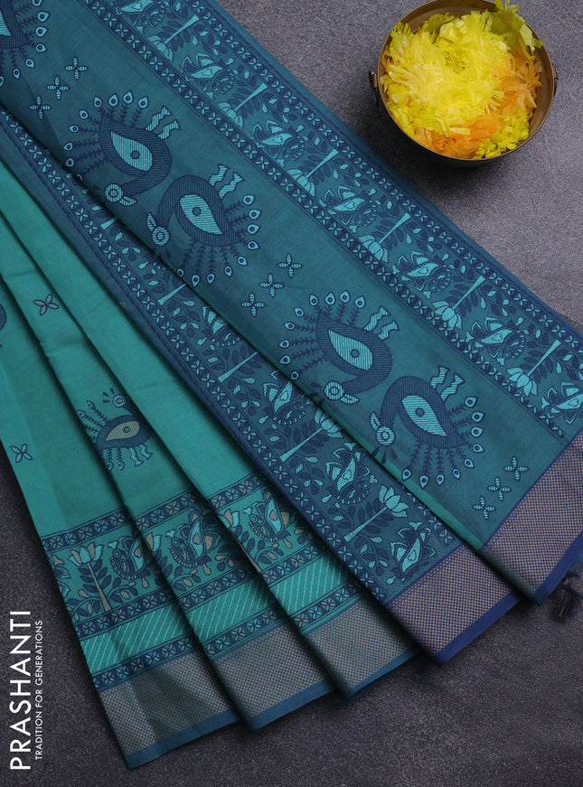 Chirala cotton saree teal green and blue with butta prints and printed woven border