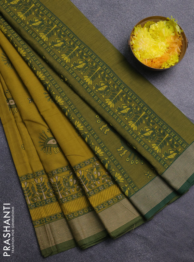 Chirala cotton saree dark mustard and green with butta prints and printed woven border