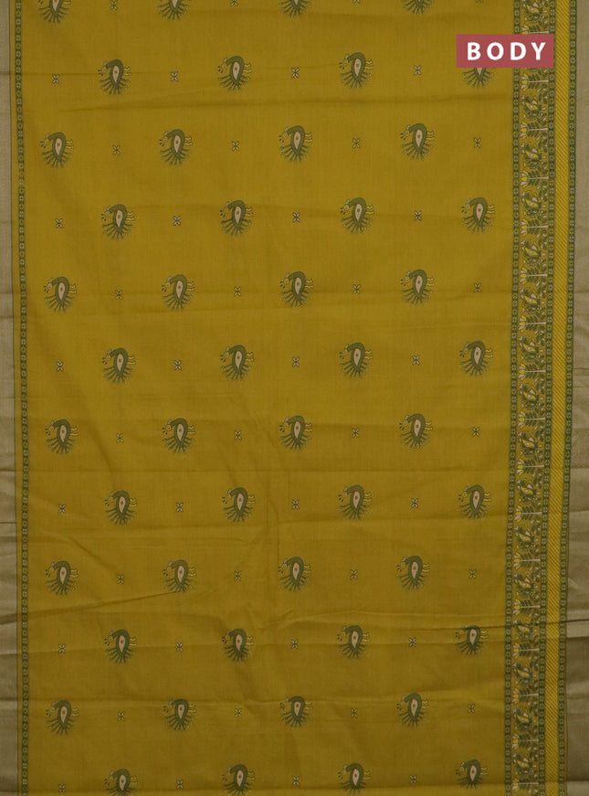 Chirala cotton saree dark mustard and green with butta prints and printed woven border