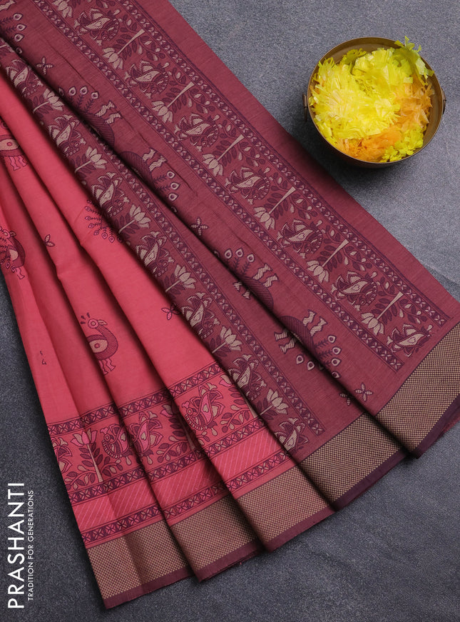 Chirala cotton saree peach pink and pastel maroon with butta prints and printed woven border