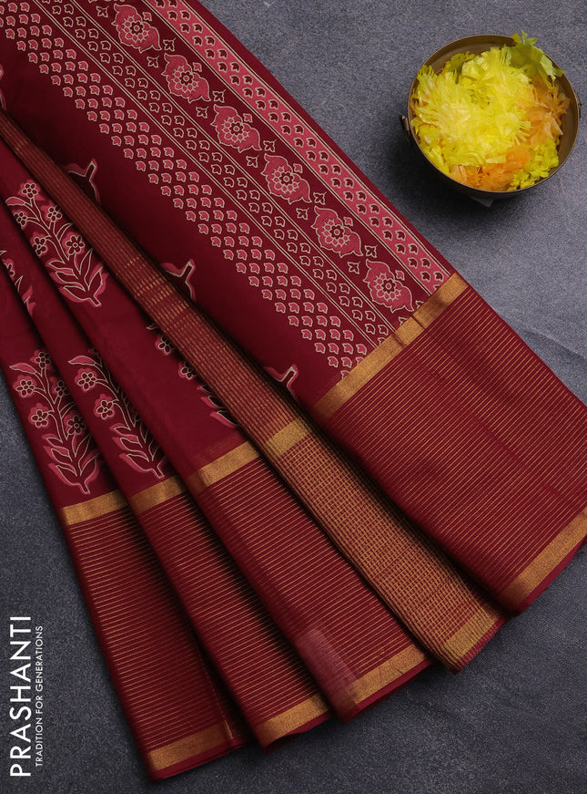 Chirala cotton saree maroon with floral butta prints and long zari woven border