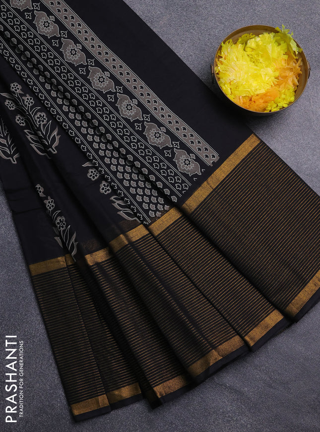 Chirala cotton saree black with floral butta prints and long zari woven border