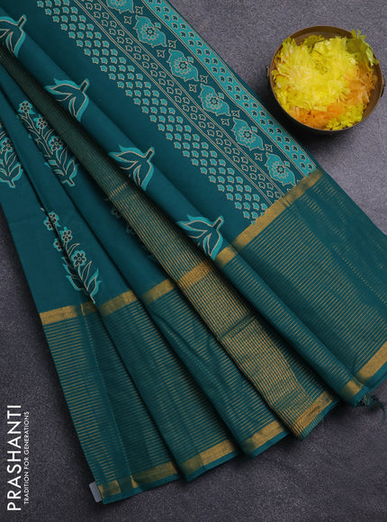 Chirala cotton saree teal green with floral butta prints and long zari woven border