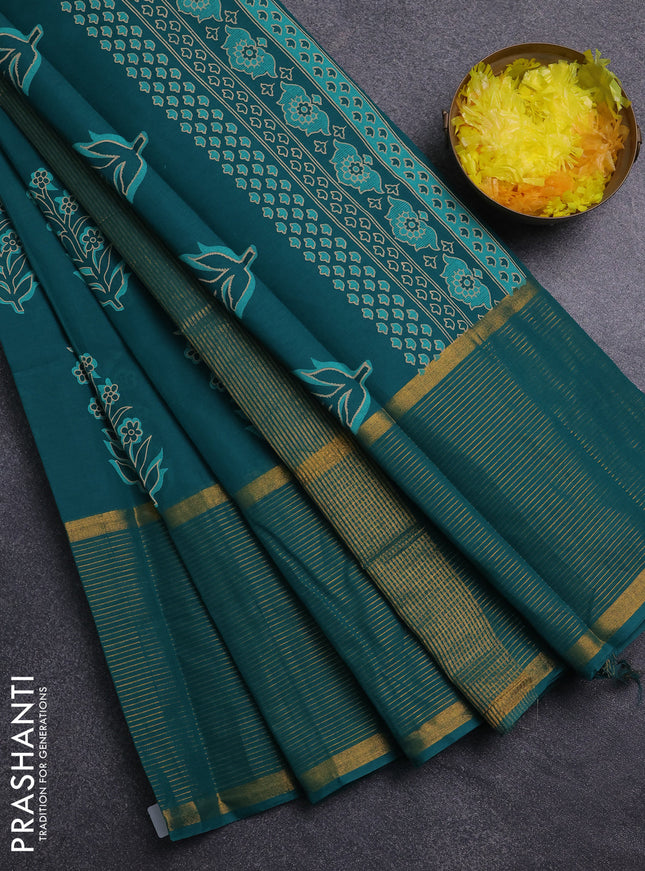 Chirala cotton saree teal green with floral butta prints and long zari woven border