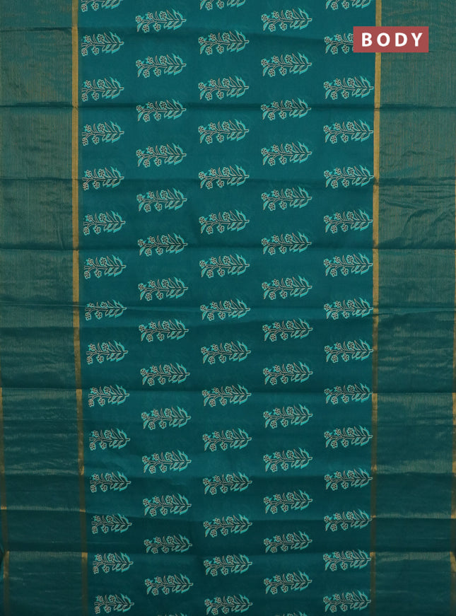Chirala cotton saree teal green with floral butta prints and long zari woven border