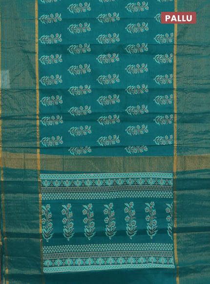 Chirala cotton saree teal green with floral butta prints and long zari woven border