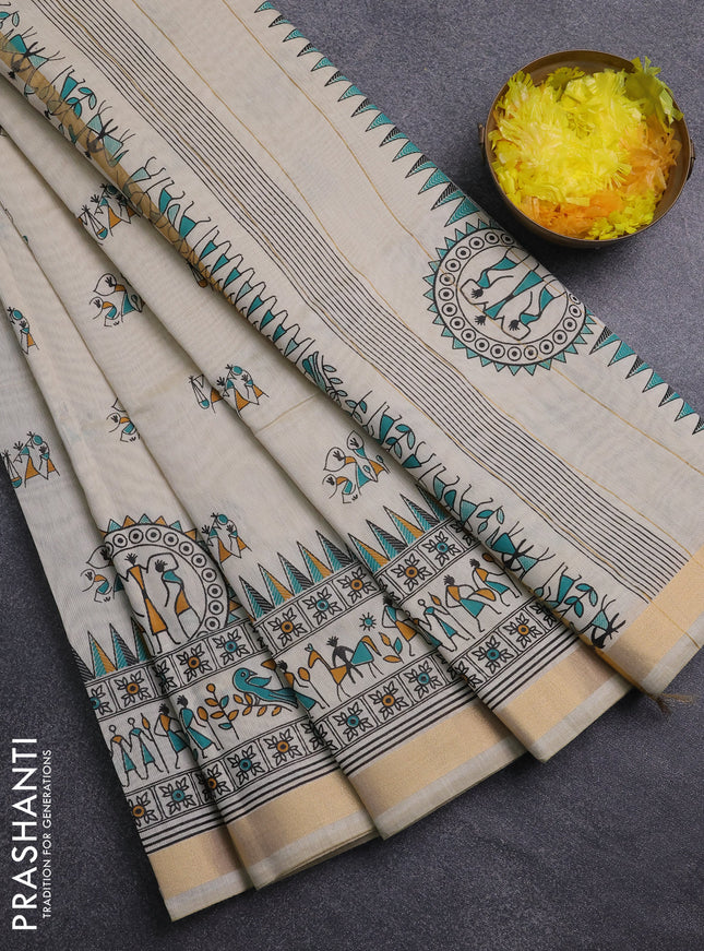 Chirala cotton saree cream and teal green with warli butta prints and zari woven border