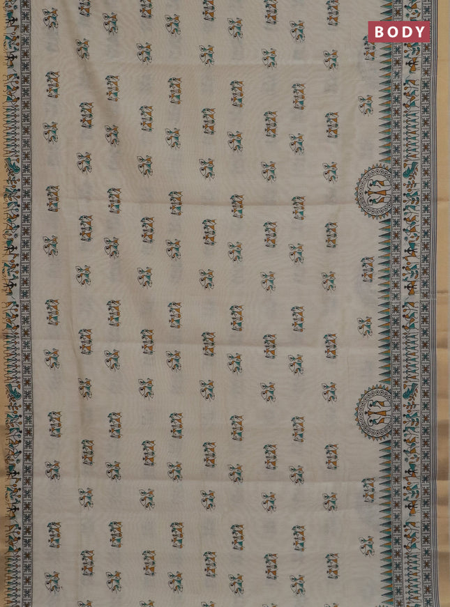 Chirala cotton saree cream and teal green with warli butta prints and zari woven border
