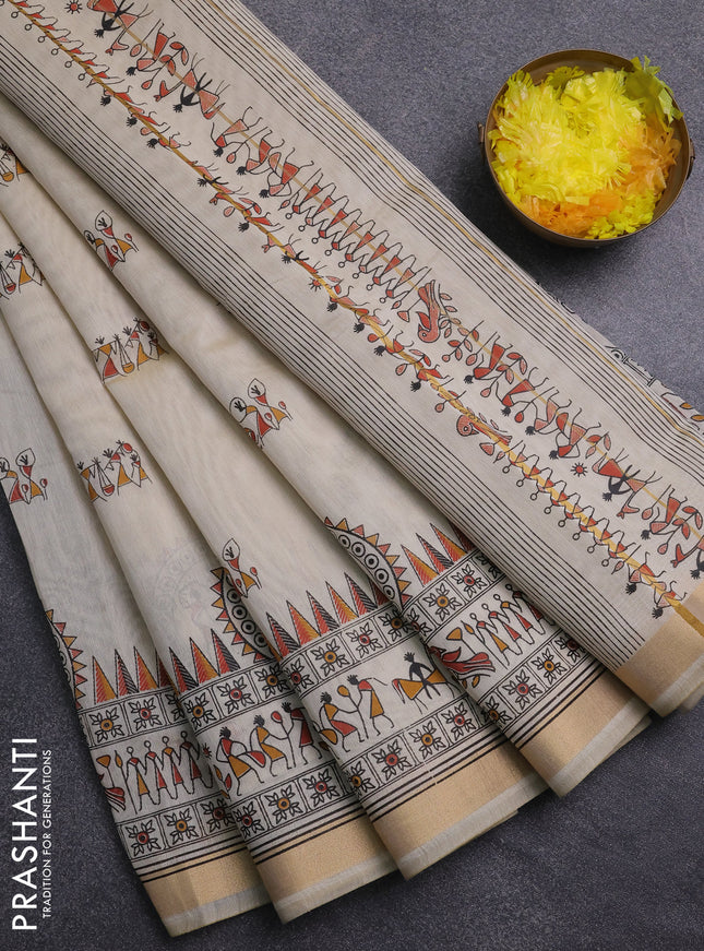Chirala cotton saree cream and rustic orange with warli butta prints and zari woven border