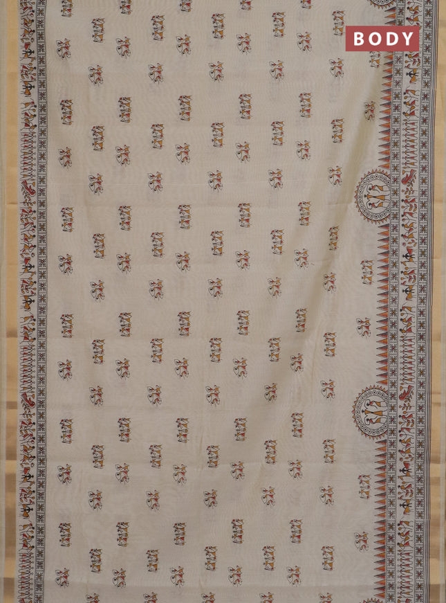 Chirala cotton saree cream and rustic orange with warli butta prints and zari woven border