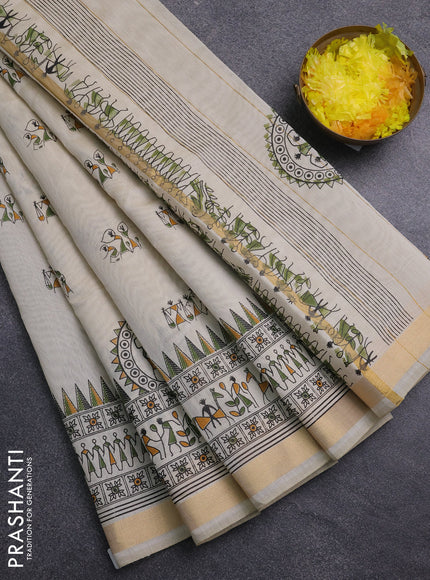Chirala cotton saree cream and green with warli butta prints and zari woven border
